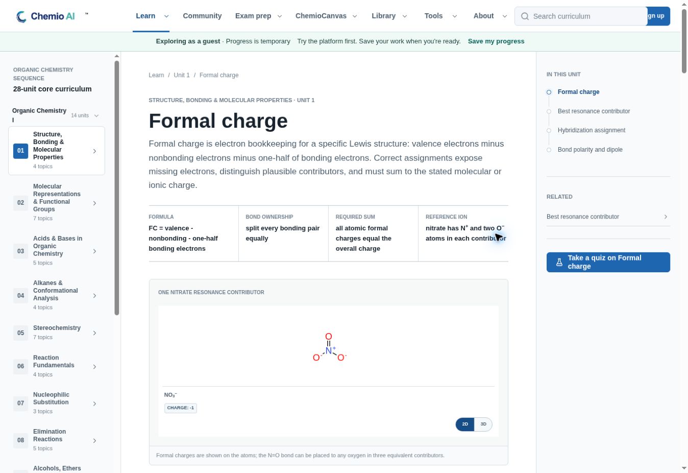 Chemio AI™ formal charge lesson with curriculum navigation, explanatory text, and a nitrate structure visual