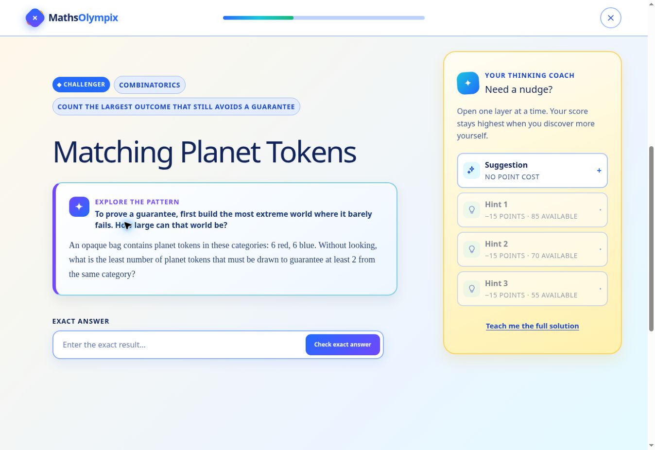 KinPilot AI™ MathsOlympix challenge showing a combinatorics problem and a coach offering graduated hints